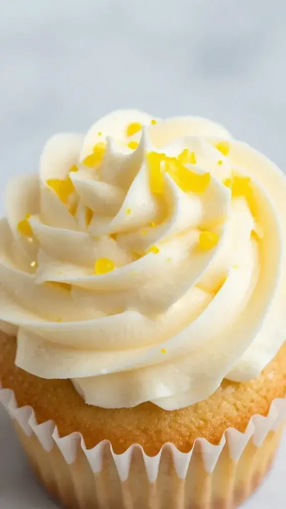 Tight shot of lemon zest frosting swirling on cupcake top