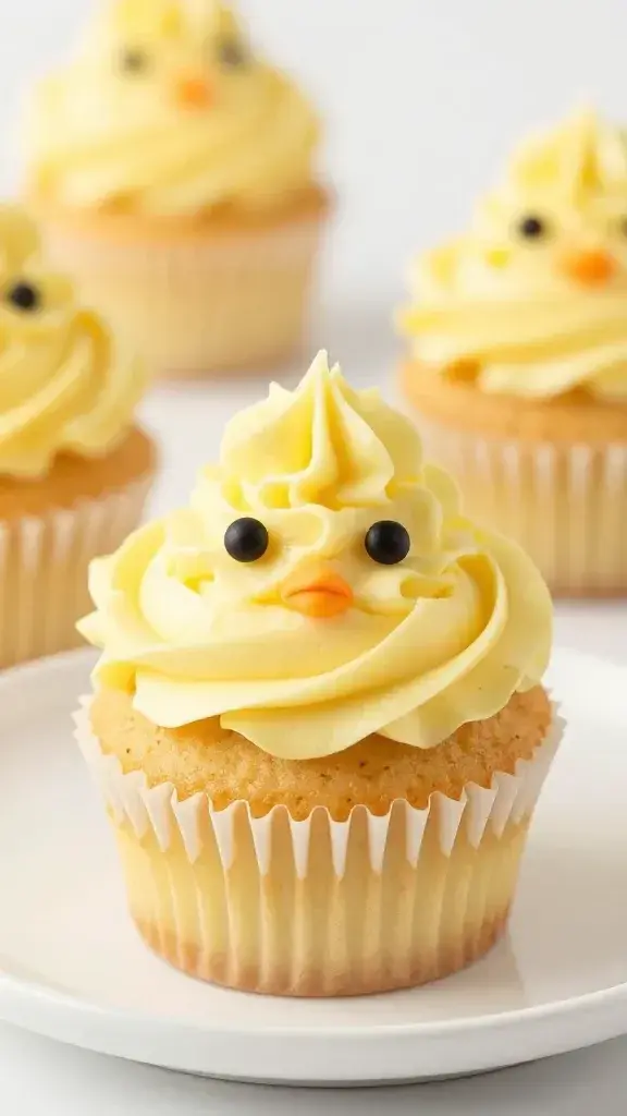 closeup of chick-faced cupcake with yellow frosting on white plate