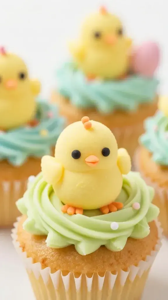 closeup of pastel mini egg candy on chick nest cupcakes top