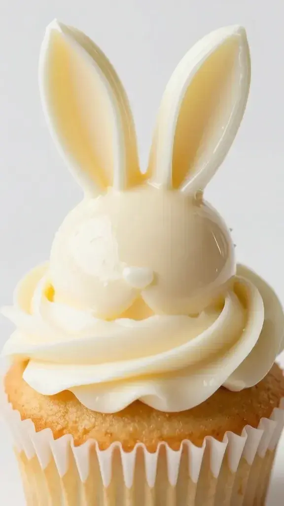 Closeup of vanilla bunny Easter cupcake with glossy frosting