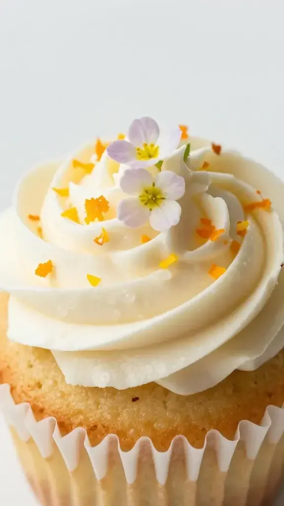 Closeup of cupcake topped with delicate floral sprigs and citrus zest