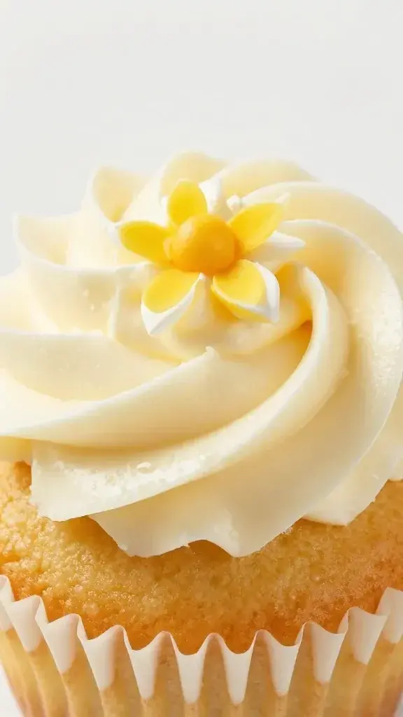 Closeup of a single Daisy Spring Cupcake with buttercream petals