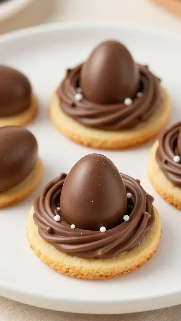 closeup of Easter nest cookie with chocolate eggs on white plate