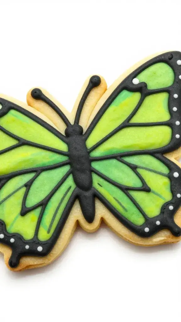 closeup of a single spring butterfly sugar cookie with bold black outline and bright filled wings