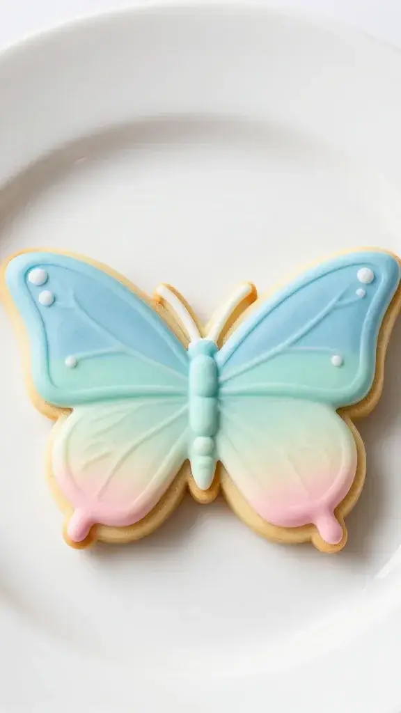 closeup of one ombre butterfly cookie with pastel gradient on white plate