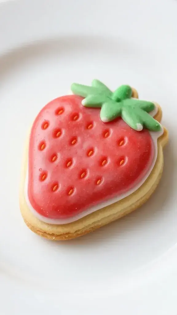 closeup of a single strawberry glazed spring sugar cookie on white plate
