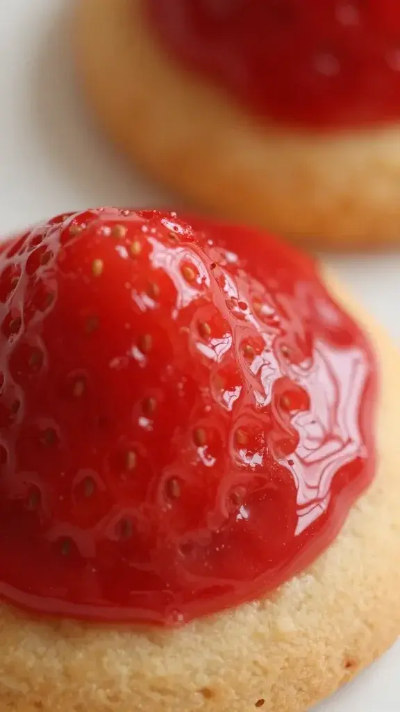closeup of glossy strawberry glaze on one cookie with macro focus