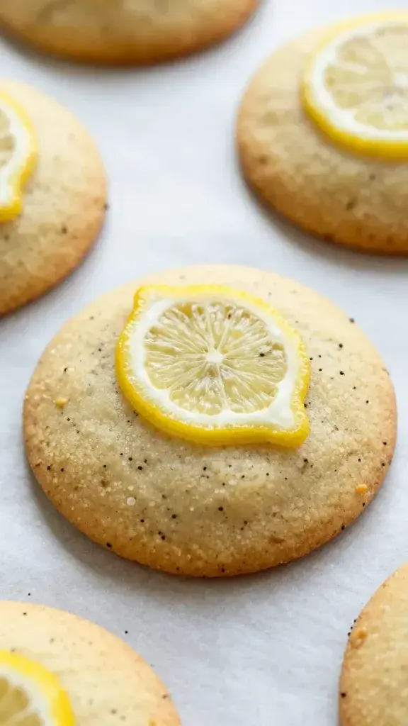 Closeup lemon poppy seed cookie on parchment paper