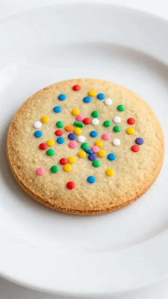 Closeup of a single Springtime Confetti Sprinkle Cookie on white plate