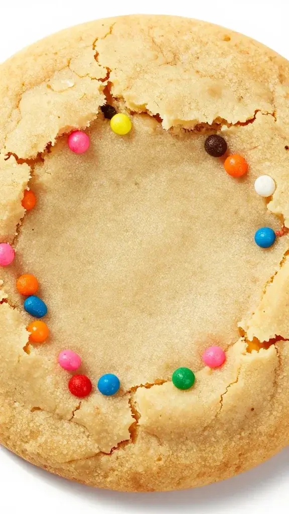 Closeup of one colorful sprinkle-cracked vanilla cookie with soft center