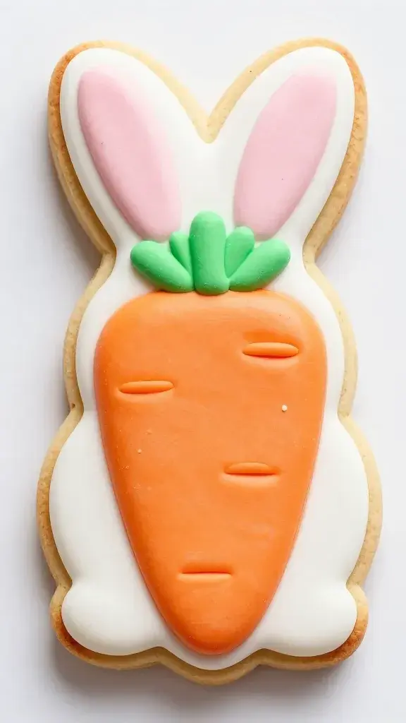 macro shot of one iced carrot-themed Easter bunny cookie