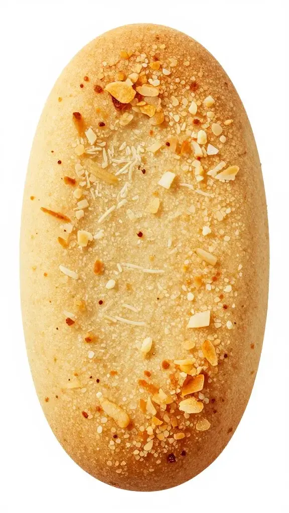 Closeup of toasted coconut specks on a single cookie half-round