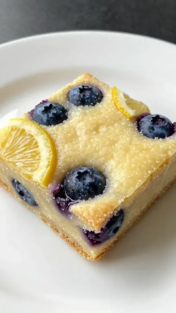Closeup of a single blueberry lemon sugar cookie bar square on white plate