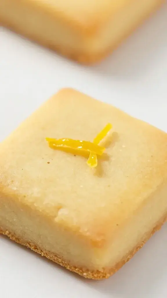 Closeup of a single lemon zest on top of a lone cookie bar square
