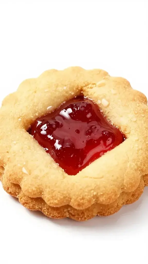 closeup of a single Raspberry Almond Linzer cookie with jam glaze on white background