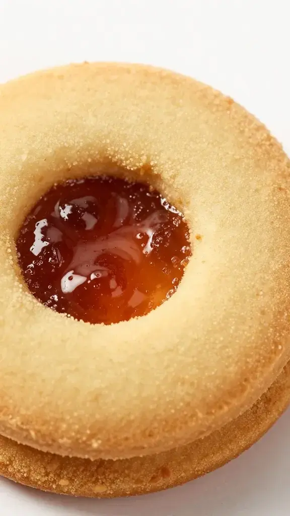 closeup of a single Linzer cookie half with jam visible, almond crumb texture highlighted