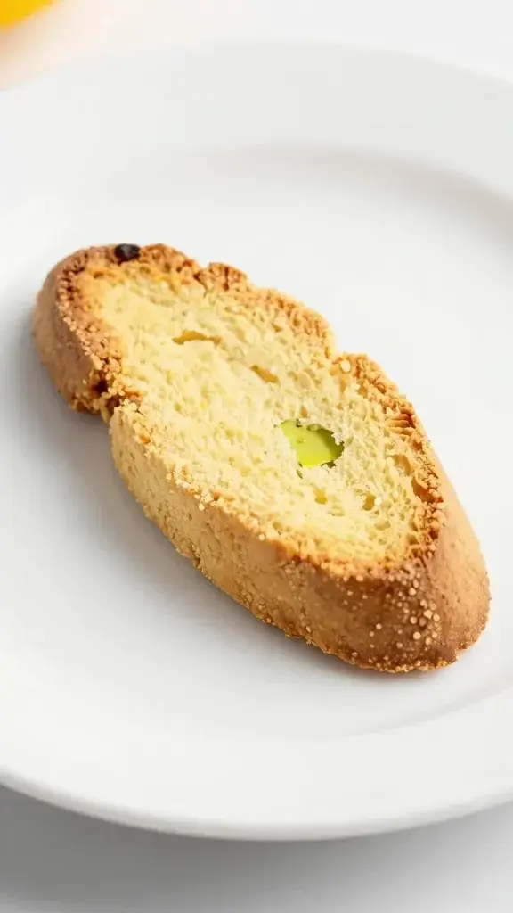 closeup of pistachio lemon biscotti single piece on white plate