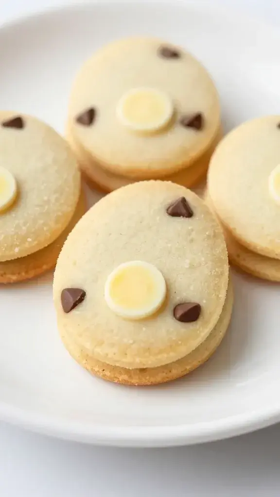closeup of mini egg chocolate chip Easter cookie on white plate