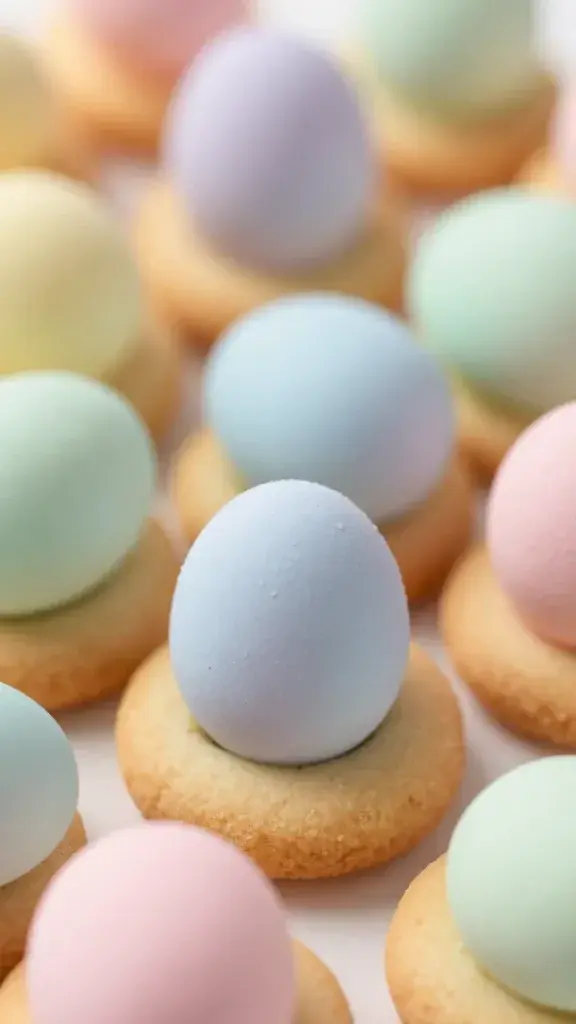 closeup of pastel mini eggs atop single cookie bite, focused center