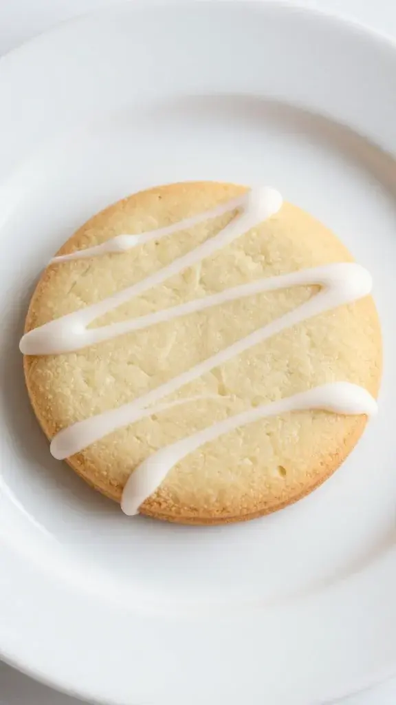 closeup single pastel cookie on white plate with drizzle