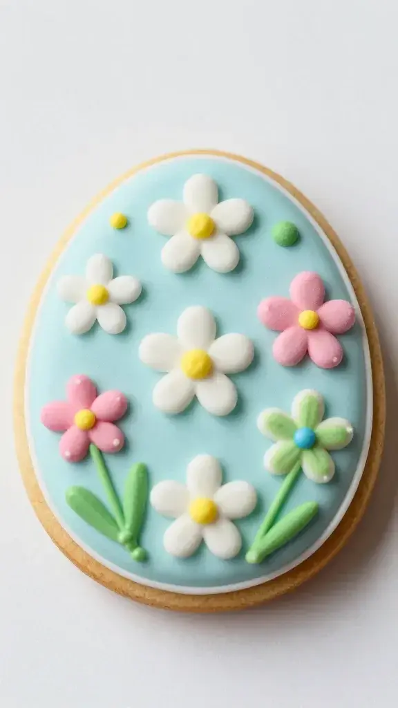Close-up of a single decorated Easter sugar cookie with floral icing