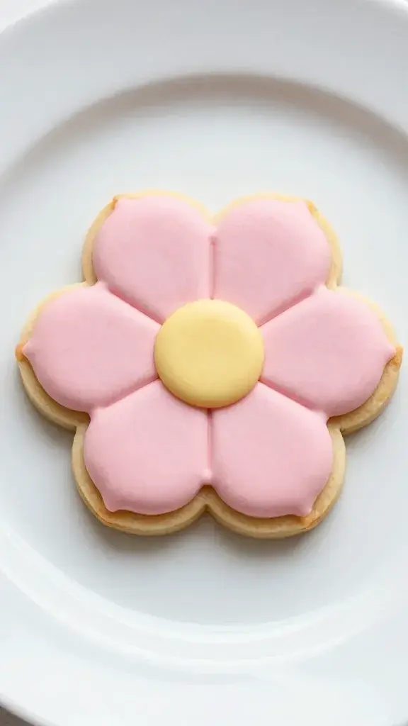 Close-up of a single spring flower-themed sugar cookie on a white plate
