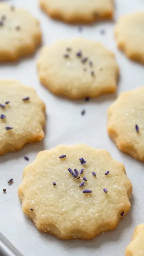 Closeup of lemon lavender sugar cookie on parchment with lavender specks