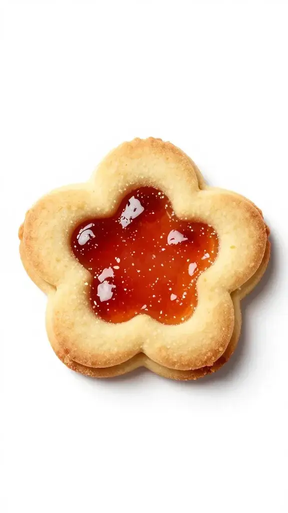 Closeup of a single Flower Jam Thumbprint cookie on white