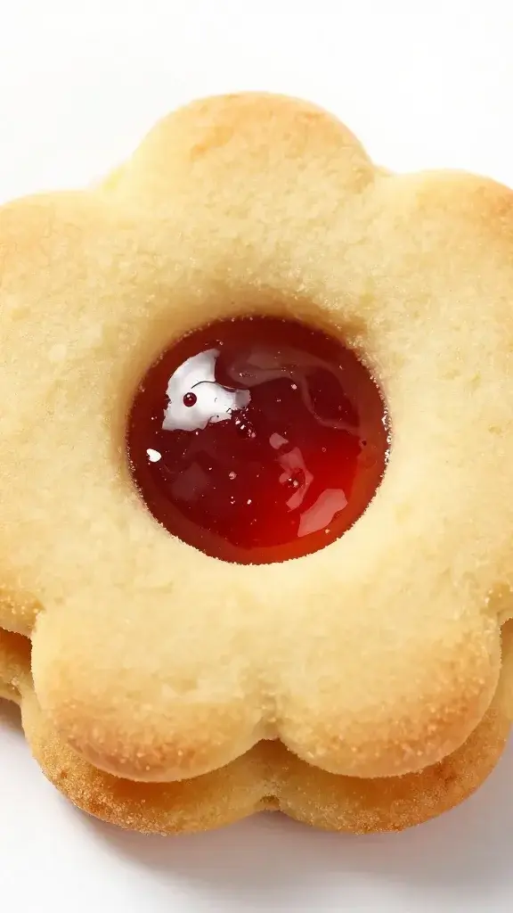 Macro shot: one glossy flower jam-filled thumbprint cookie