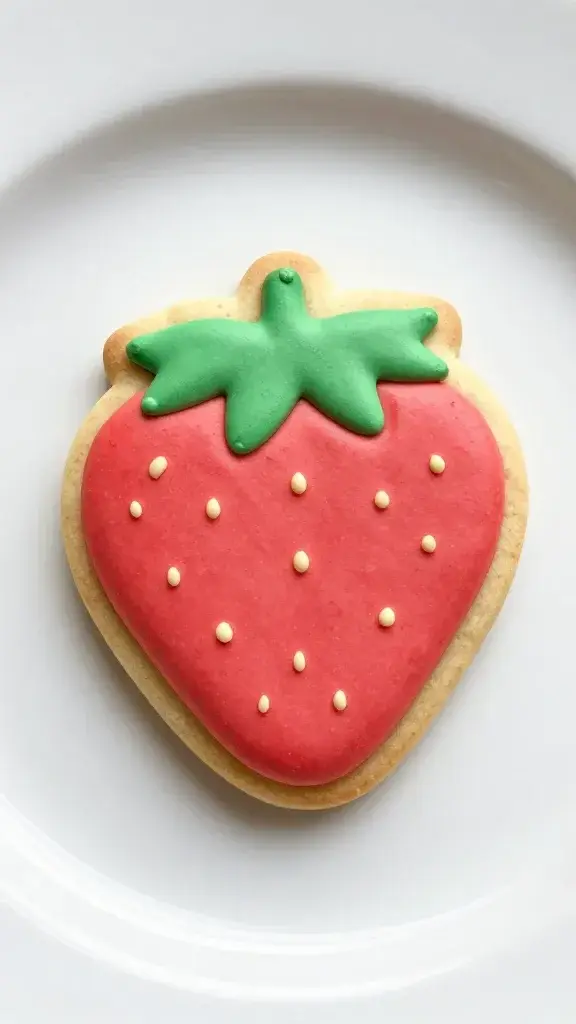 closeup of a single strawberry shortcake spring cookie on white plate
