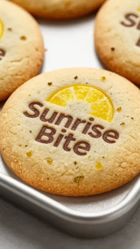 closeup of one Sunrise Bite cookie with lemon zest spark on tray