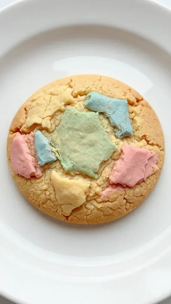 Closeup of pastel crinkle cookie single on white plate