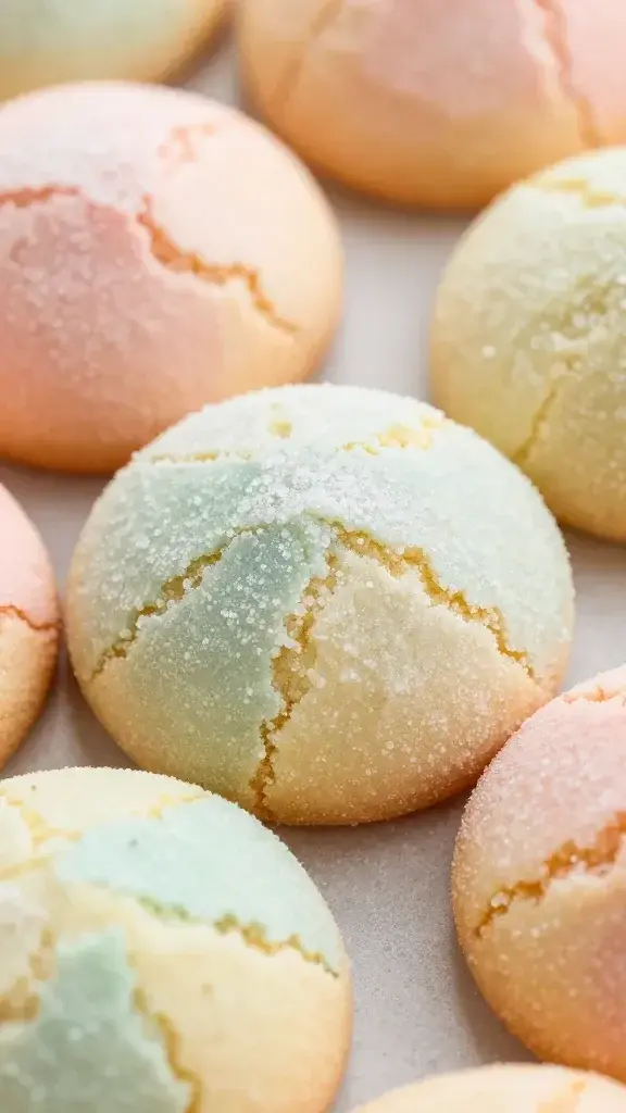 Closeup of pastel spring crinkle cookie with sugar dust on backdrop