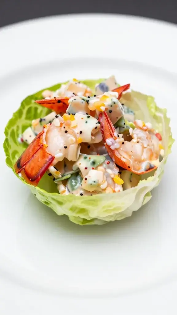 Closeup lobster salad in a crisp lettuce cup, bright white plate