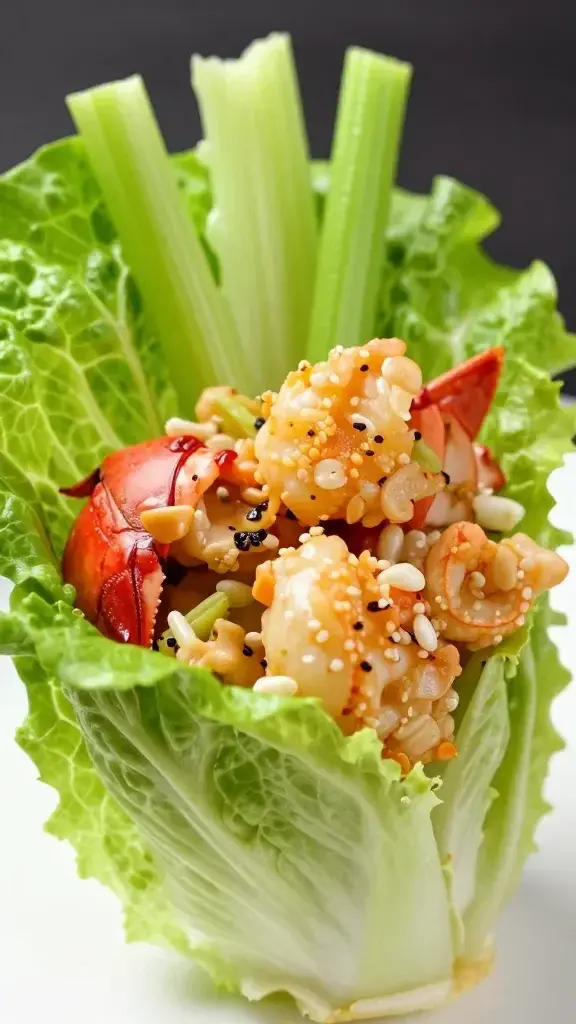 Closeup single lettuce cup with lobster filling, crisp celery garnish