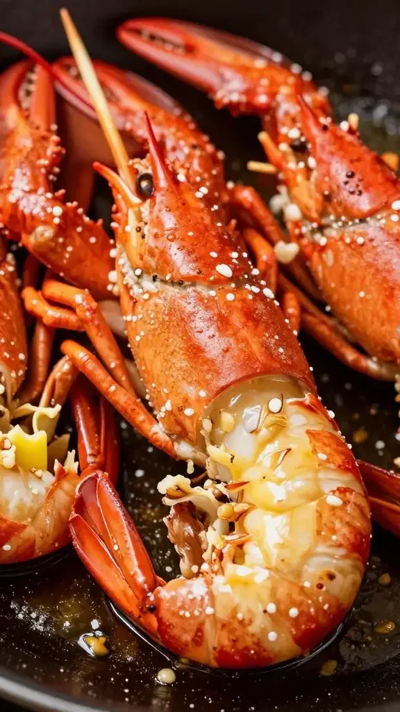 closeup of langostino lobster skewers sizzling in butter garlic