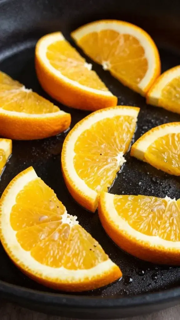 closeup of citrus wedges atop spritzed langostino skillet garnish