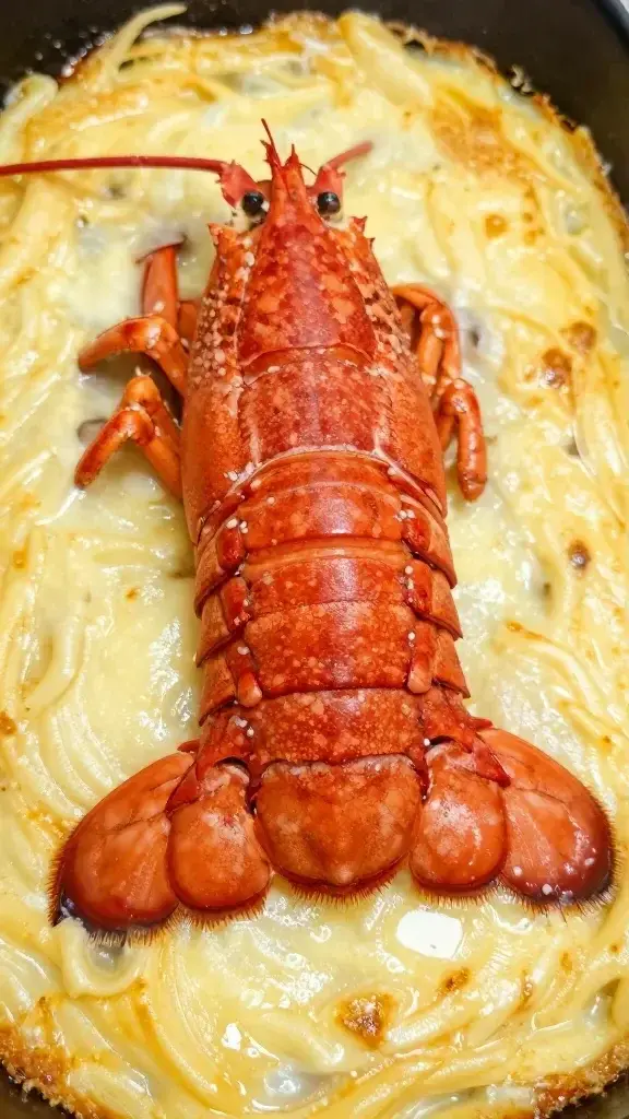 closeup of lobster tail piece atop creamy pasta bake, golden crust