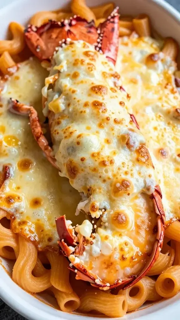 closeup of bubbling cheese crust on Lobster Newburg pasta bake dish