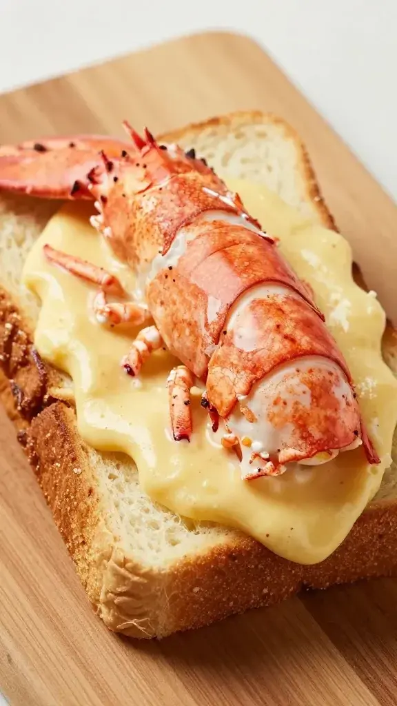 Closeup of a lobster melt sandwich half on a cutting board