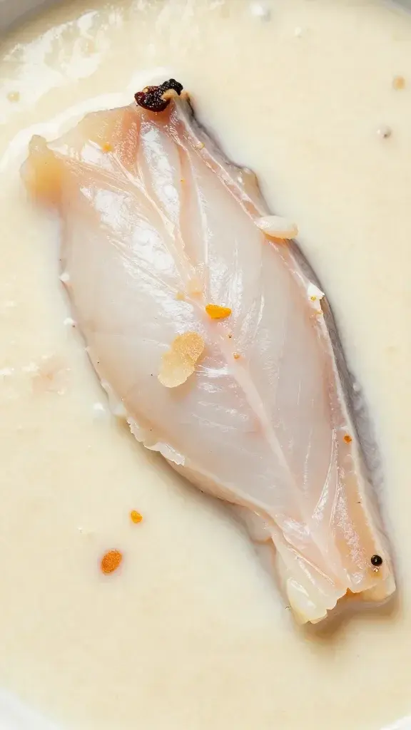 Closeup of cod fillet flakes on silky chowder backdrop