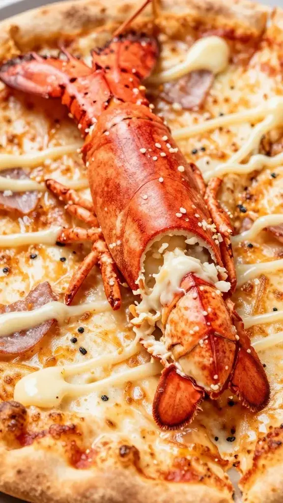 closeup of lobster pizza slice with garlic butter drizzle