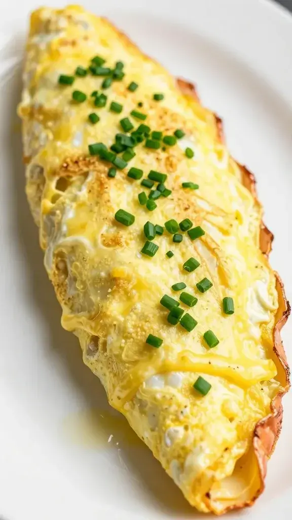 closeup of a lobster omelet folded with buttered glow and chives
