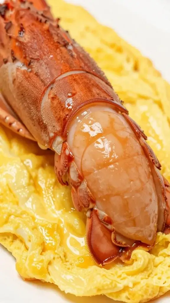 closeup of glossy lobster meat atop fluffy omelet edge detail