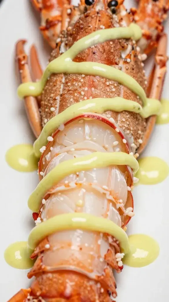 Closeup lobster meat on bright lime crema drizzle