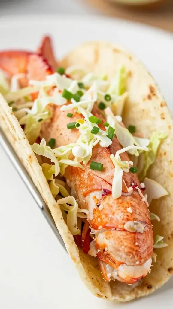 Single lobster taco half with crisp cabbage slaw closeup