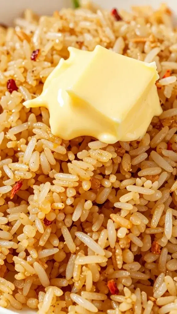 Close-up of lobster butter fried rice grains shimmering