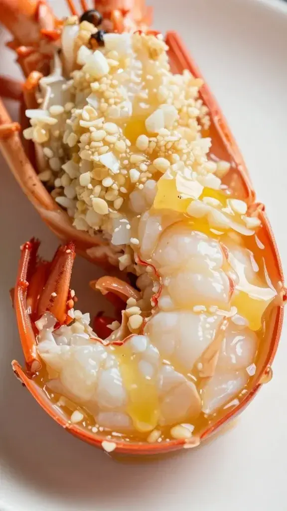 Focused shot of lobster meat morsel with garlic butter glaze