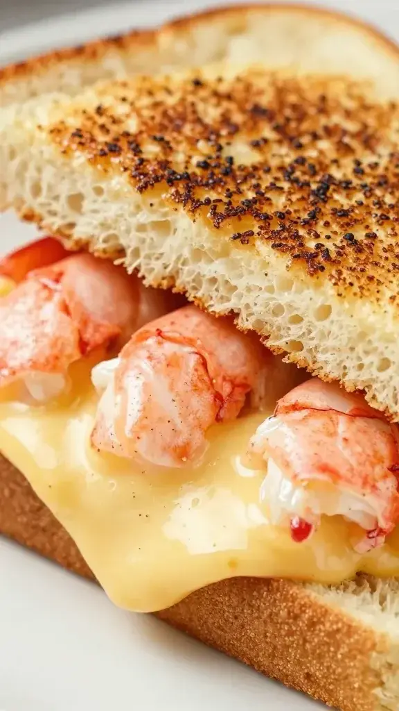 Close-up of lobster melt grilled cheese sandwich interior