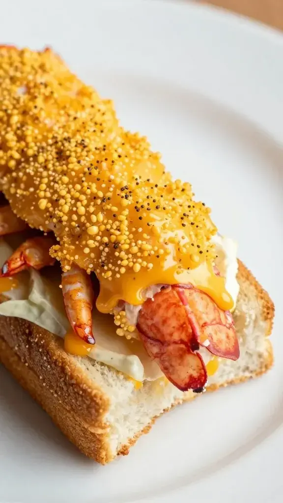 Focused shot on cheddar crusted lobster sandwich bite